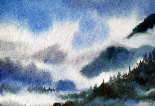 Cloudy Himalaya Mountain II - Watercolor Painting by Samiran Sarkar