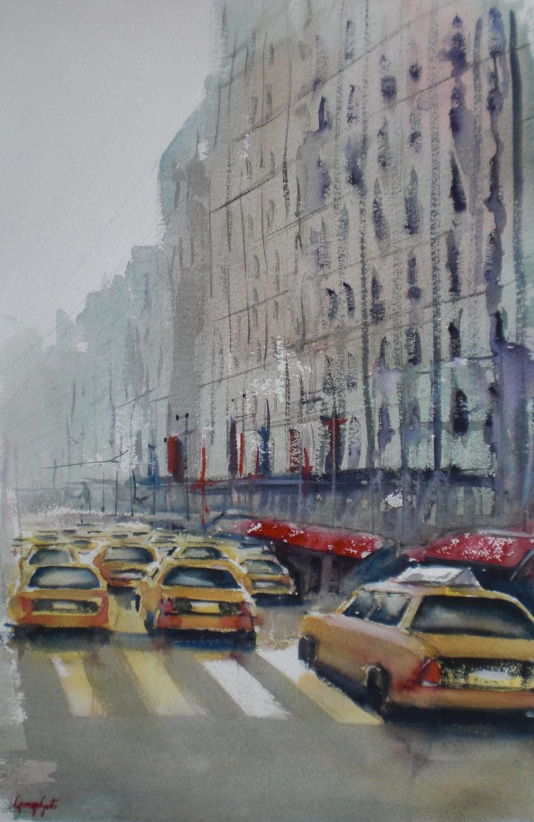 Impressionistic Cityscapes Watercolour By Giorgio Gosti, 14 X 21, Yellow Cabs In New York 4, Original Artwork