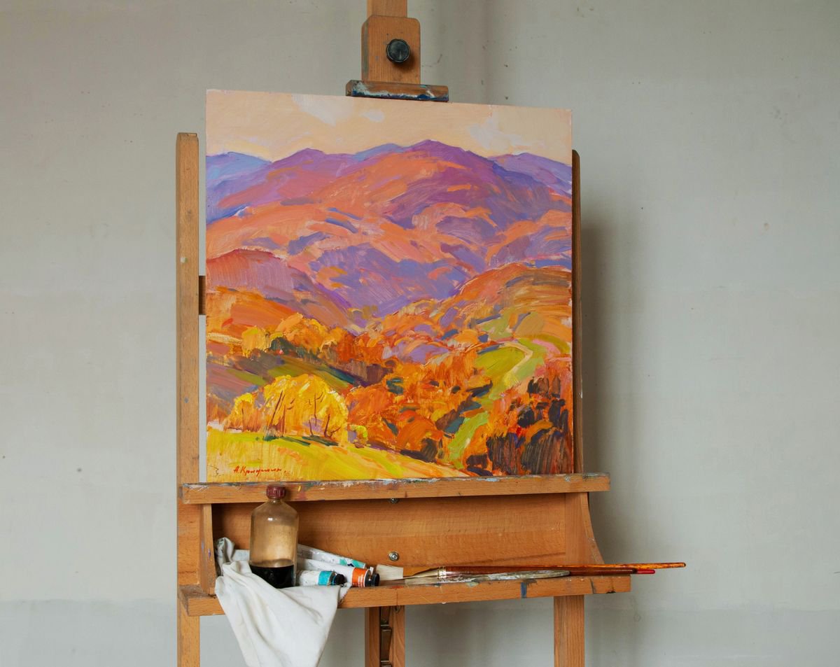 Impressionistic Landscape Oil Painting By Aleksandr Kryushyn, 19 X 19, Golden Autumn. Carpathians, Original Artwork