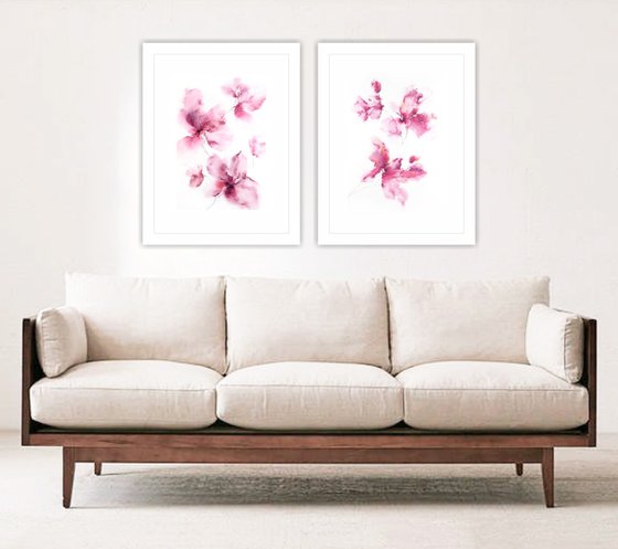 Pink watercolor floral paintings set