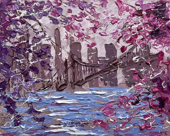 New York Painting Cityscape Original Art NYC Small Oil Impasto Cherry Blossom Tree Artwork Home Wall Art 10 by 8" by Halyna Kirichenko