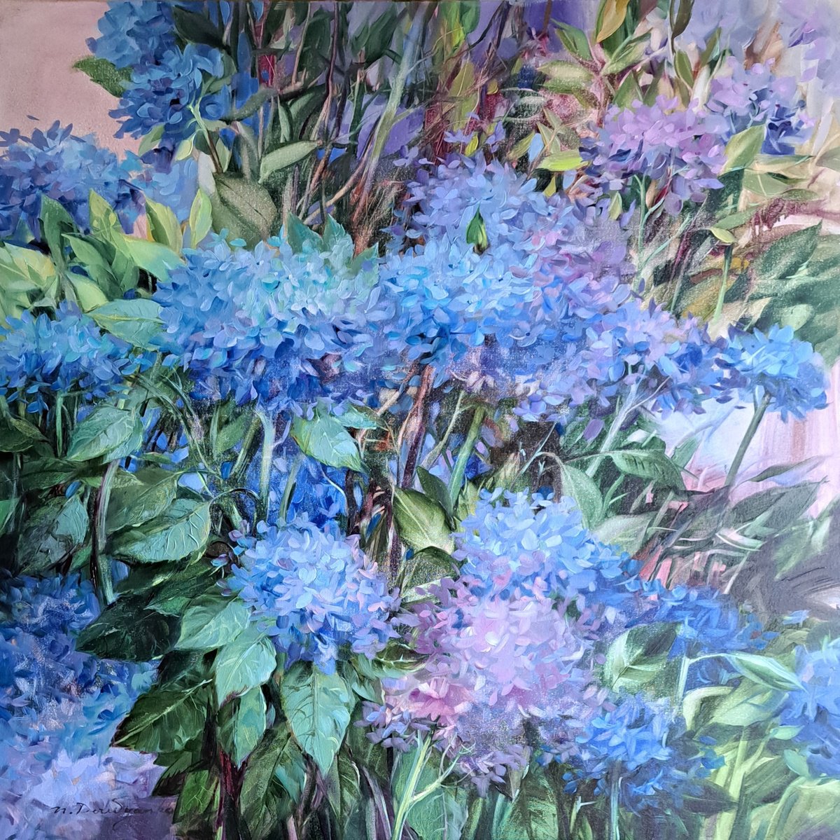 Impressionistic Botanical Oil Painting By Nataly Derevyanko, 32 X 32", Hydrangea Garden, Original Artwork