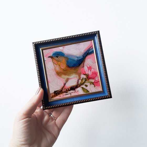 Blue bird miniature oil painting original 4x4 framed art, Bluebird wall wildlife art, Gift for sister for Easter