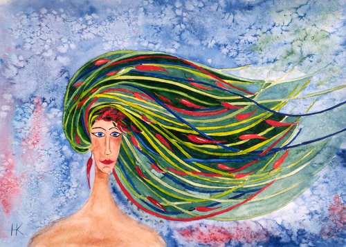Woman Painting Portrait Original Art Pepper Watercolor Artwork Small Wall Art 17 by 12" by Halyna Kirichenko by Halyna Kirichenko