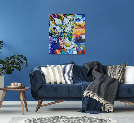 Still life with callas (80x90cm, cubism, oil painting, ready to hang)