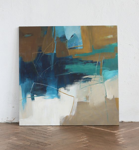 "Influence" Abstract navy teal brown art