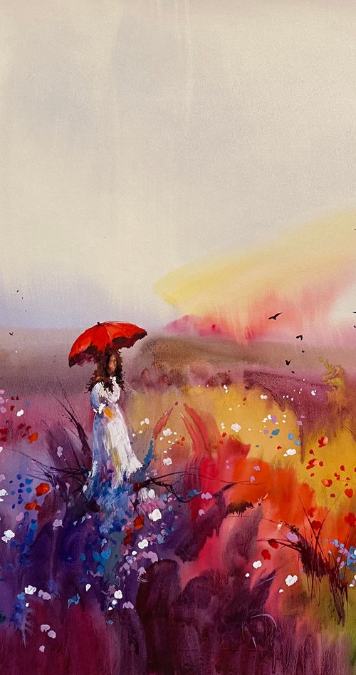 Watercolor “Three wonders of Summer: rainbow, lavender and poppies” perfect gift by Iulia Carchelan
