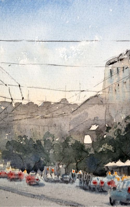 Traffic before hotel Moskva - original watercolor art by Nenad Kojić watercolorist