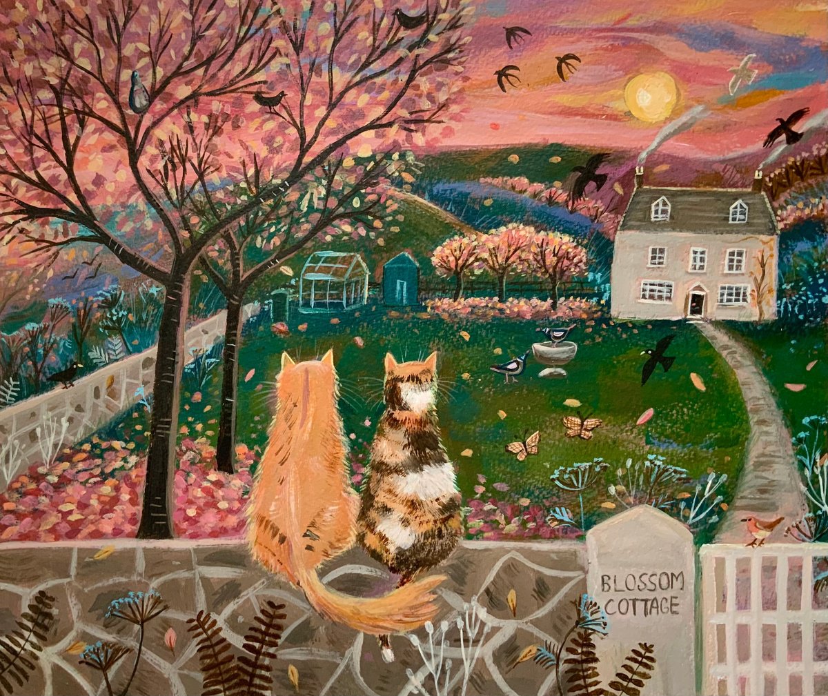 Illustrative Landscape Acrylic Painting By Mary Stubberfield, 13 X 12", Blossom Cottage Autumn, Original Artwork