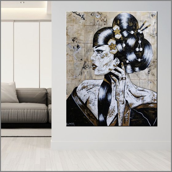 Golden Elegance 120cm x 150cm Geisha Book Page Urban Pop Art