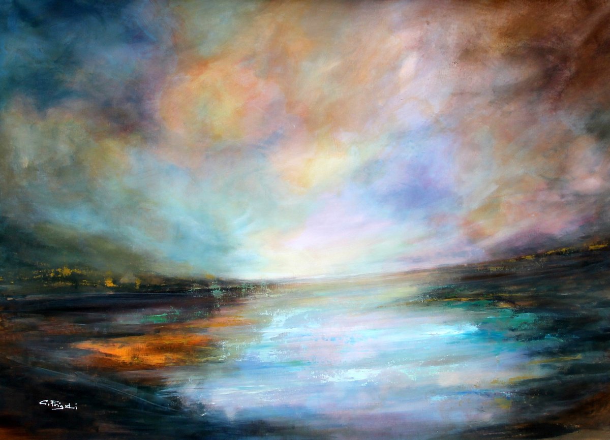 Impressionistic Landscape Acrylic Painting By Cecilia Frigati, 56 X 39, Ice & Gold, Original Artwork