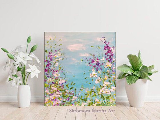 HEAVENLY FANTASY - Sky. Summer. Flowers. Clouds. Daisies. Meadow. Glade. Pink flowers.