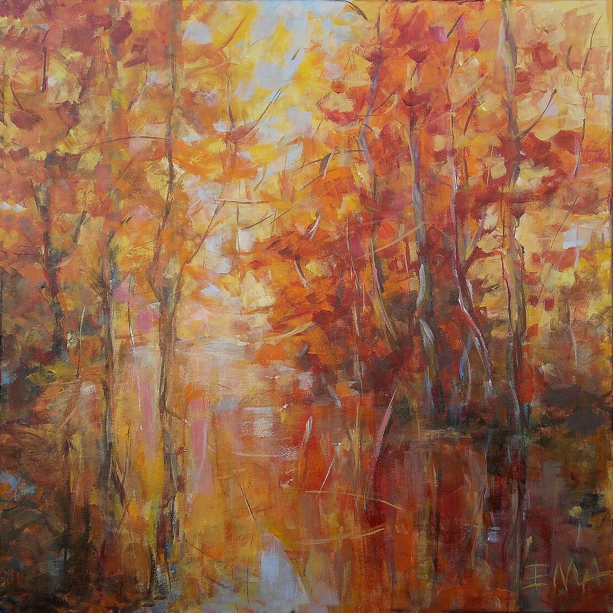 LOVING AUTUMN, 70x70cm, autumnal trees by the river landscape by Emilia Milcheva
