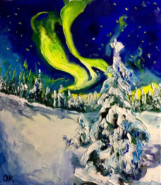 Mystic winter night before Christmas. Northern lights