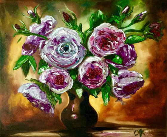 BOUQUET OF PURPLE ROSES palette knife modern red pink purple  still life  flowers Dutch style office home decor gift