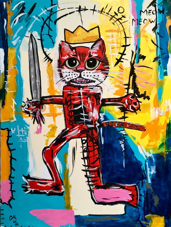 Red Cat Warrior  #3  (101 x 81 cm , 40 x  32inches ) version of painting  by Jean-Michel Basquiat  “Warrior “