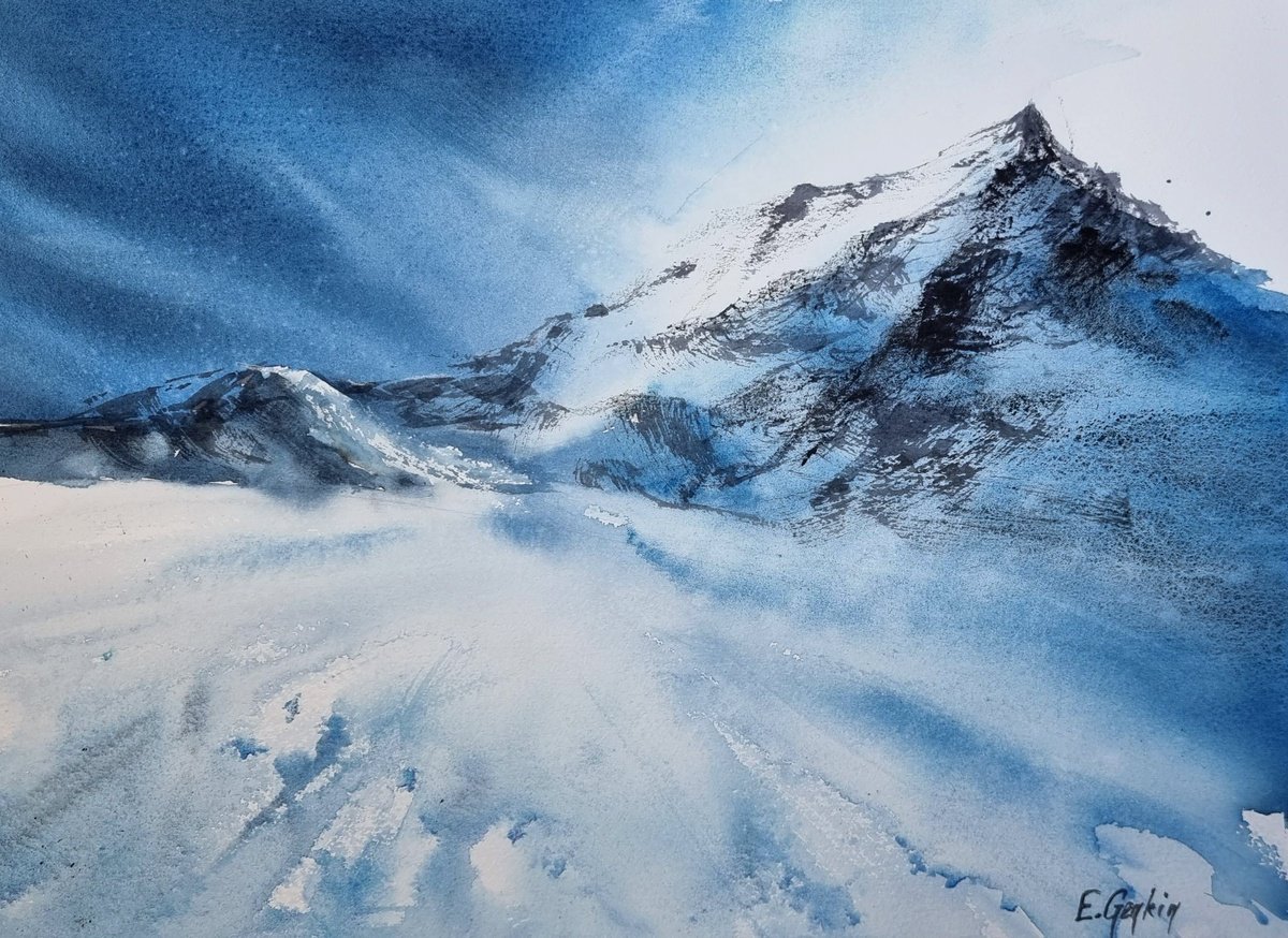 Impressionistic Landscape Watercolour By Elena Genkin, 15 X 11, Winter Mountains - 7, Original Artwork