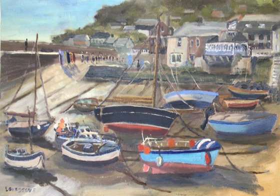 The harbour at Mousehole, an oil painting.