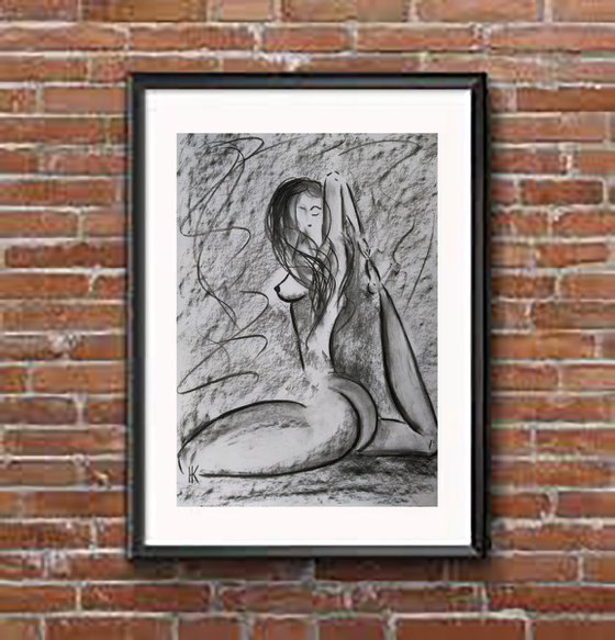 Nude Painting Yoga Girl Original Art Woman Nude Drawing Female Nude Charcoal Wall Art 13 by 18 inches