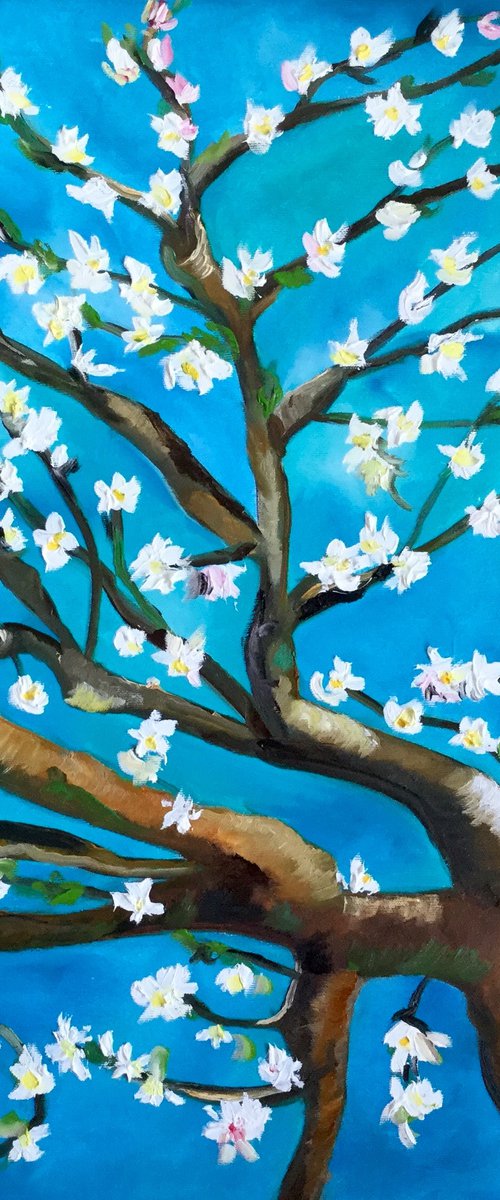 Almond blossom on turquoise inspired by Vincent Van Gogh oil painting ready to hang by Olga Koval