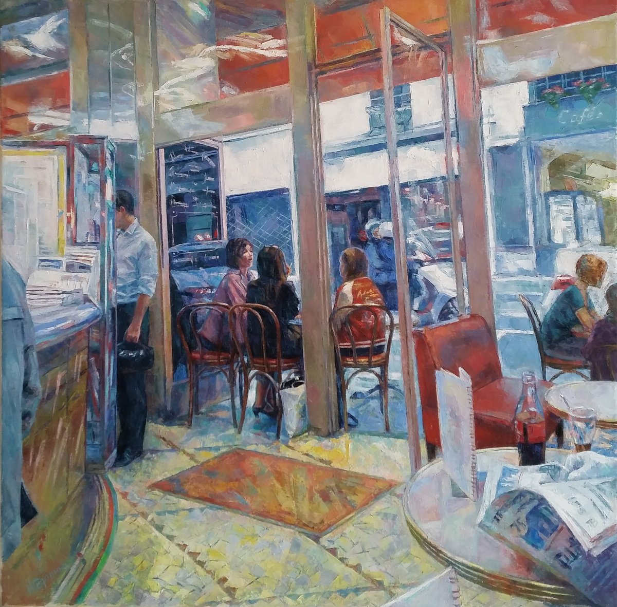 Impressionistic Cityscapes Oil Painting By Natalia Sidorina, 26 X 26", Girlfriends, Parisian Cafes, Original Artwork