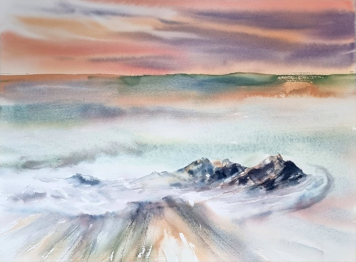Impressionistic Landscape Watercolour By Elena Genkin, 15 X 11, Sea Sunset, Original Artwork