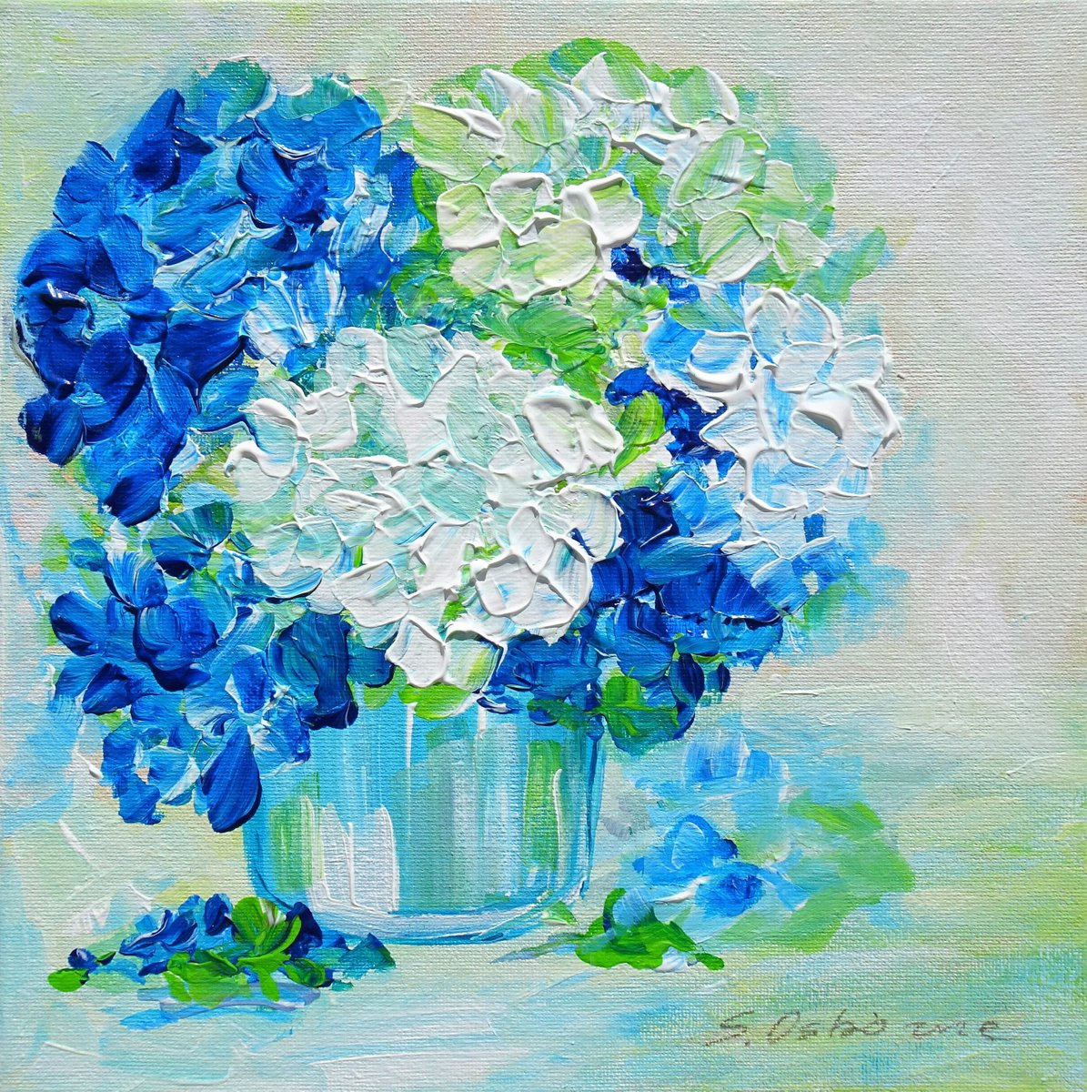 White and Blue Hydrangea Small Painting on Canvas by Sveta Osborne