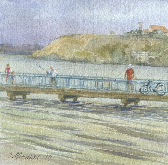 Fishing before the storm / Blue bridge Watercolor seascape