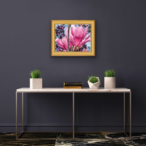 Original Magnolia Painting | Magnolias in Astoria | Soft Pastel Drawing | Pink Flower Home Decor