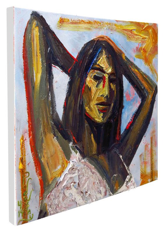 UNTITLED m849 - Original oil portrait painting female expressionism outsider art