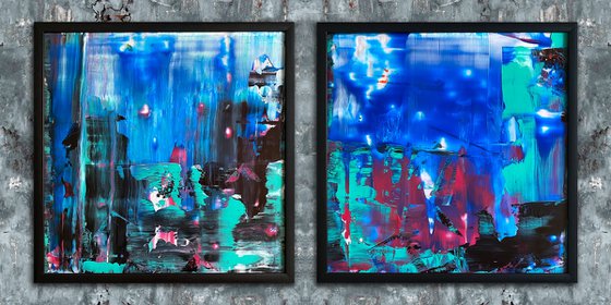 "Glow In The Dark" - Save As A Series - Original PMS Abstract Diptych Acrylic Paintings On Plexiglass, Framed - 52" x 26"