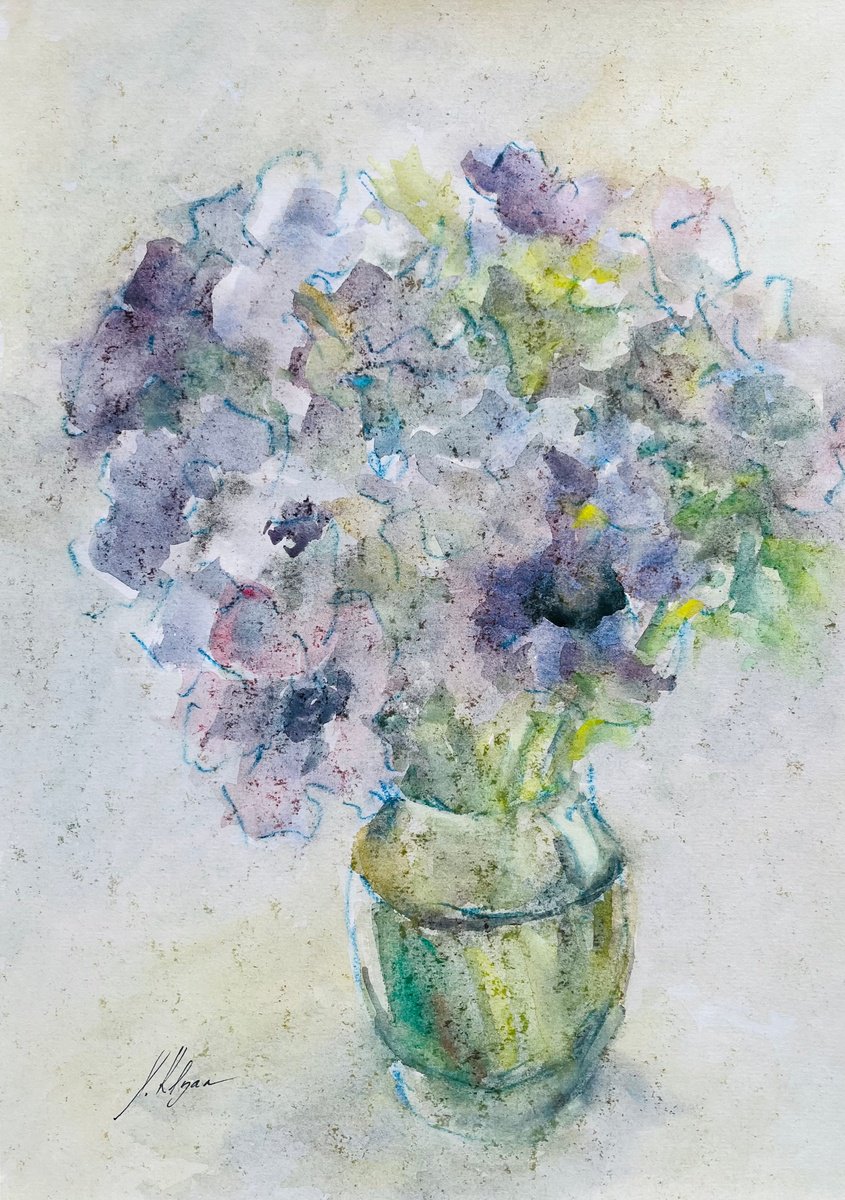 Impressionistic Still Life Watercolour By Elena Klyan, 12 X 17, Anemones 8, Original Artwork
