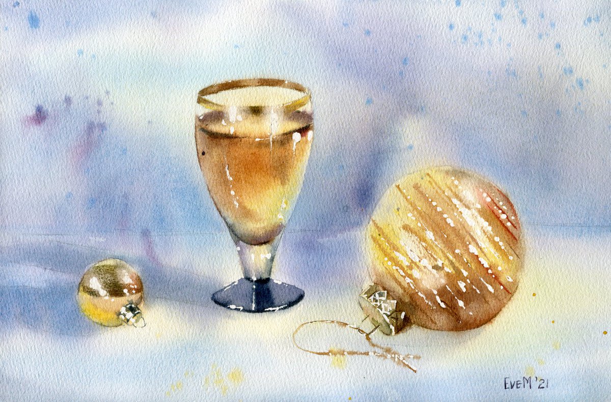 Festive still life with Christmas balls and a shot glass. Original watercolor artwork. by Evgeniya Mokeeva