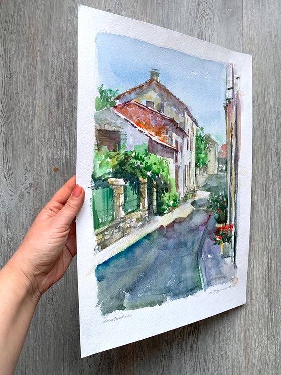 Montcabrier. Street of the small french town. Watercolour by Marina Trushnikova. Cityscape. Architectural scenery. Plain air artwork.