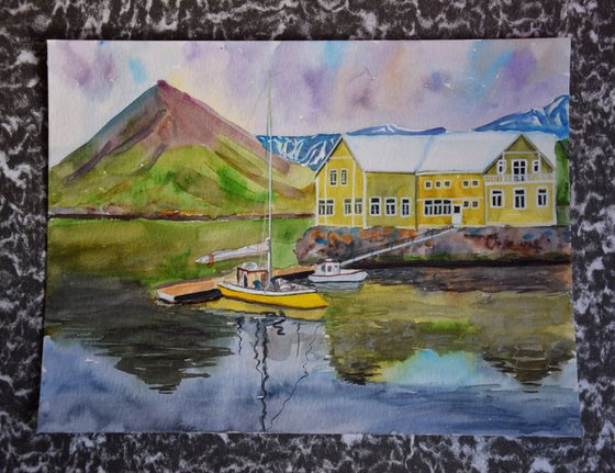 Watercolor painting Ships in Iceland, Green mountains and sea