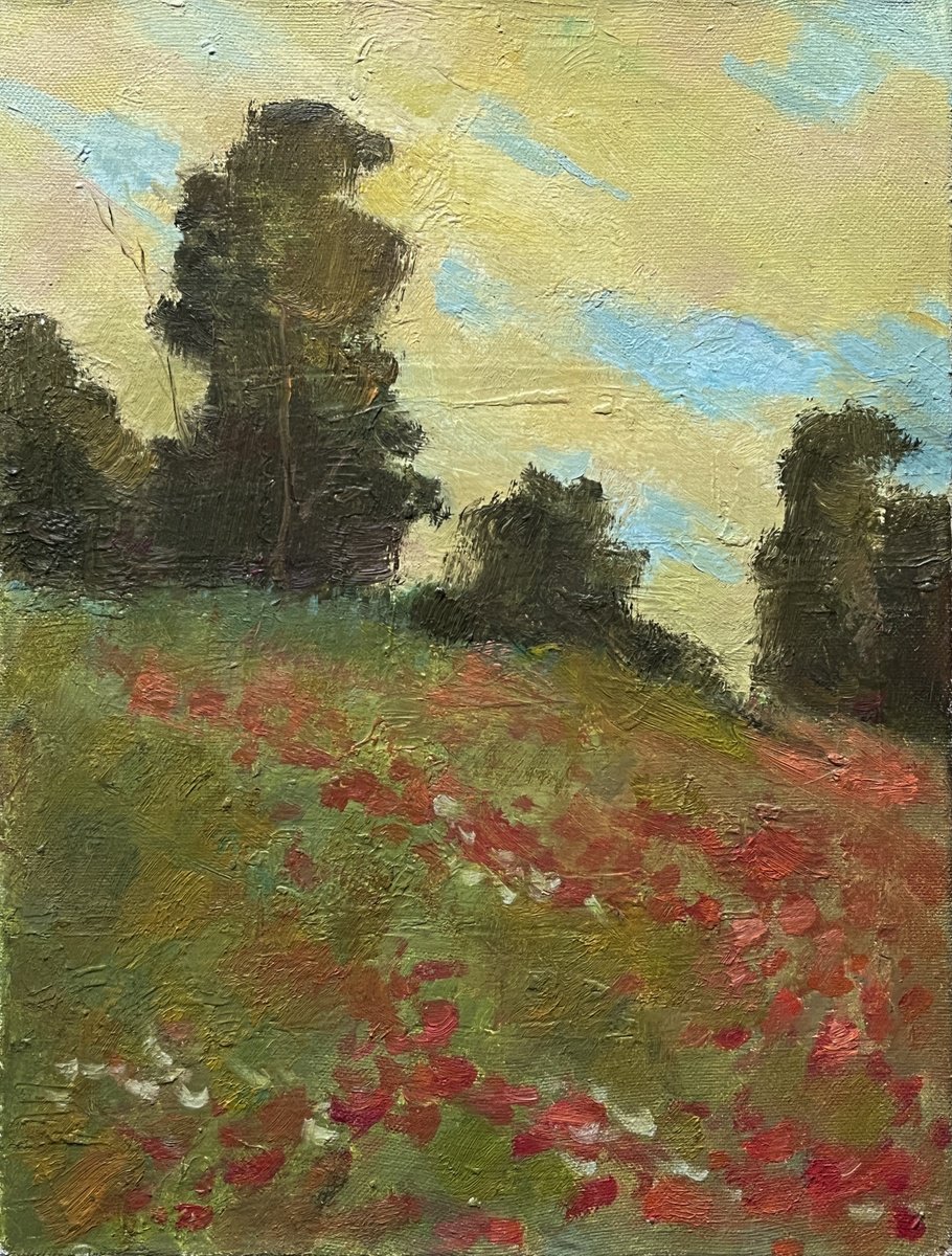Impressionistic Landscape Oil Painting By Bohdan Dobrivskyi, 12 X 16, Poppy Field, Original Artwork