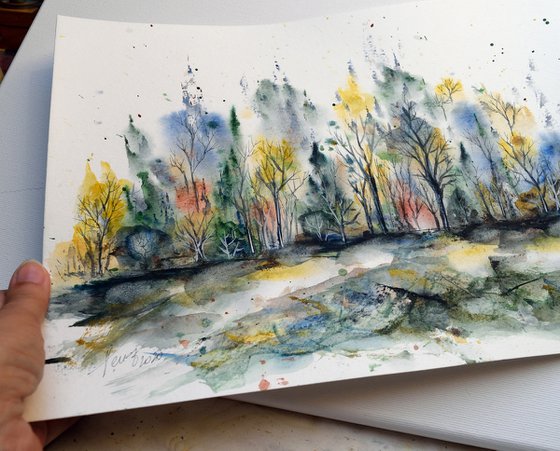 Forest in late summer - original watercolor and ink painting