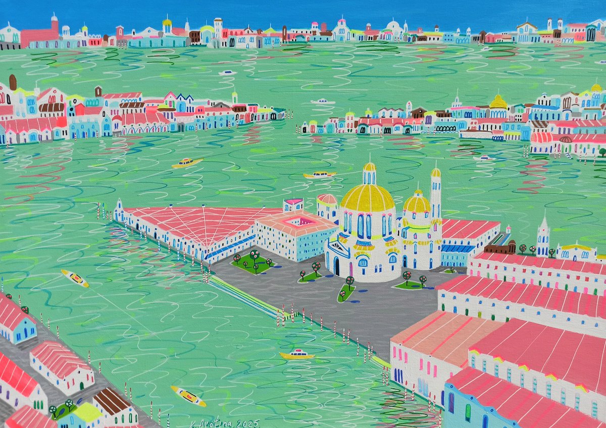 Impressionistic Landscape Acrylic Painting By Katrina Avotina, 28 X 20", Entrance To The Grand Canal, Original Artwork