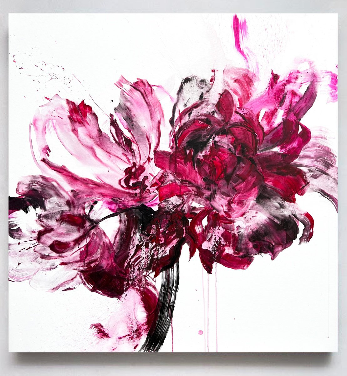 Abstract Botanical Acrylic Painting By Rosi Roys, 47 X 47", Pink Flower 11, Original Artwork
