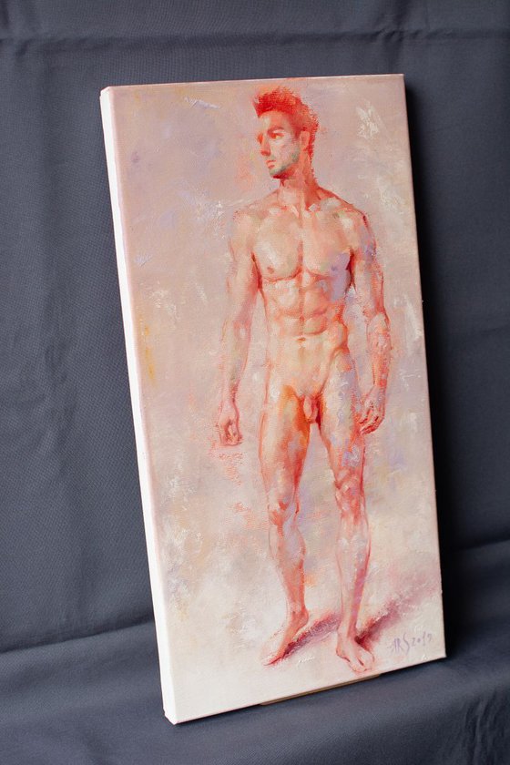 A Study of a Standing Nude Male Model by Yaroslav Sobol - (Modern Impressionistic Figurative Oil painting of a Man Gift Home Decor)