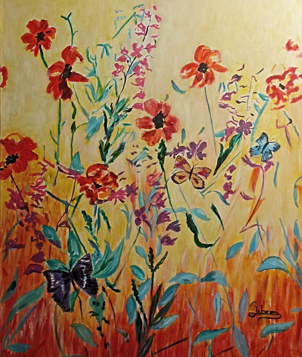 Impressionistic Botanical Oil Painting By Isabelle Lucas, 18 X 22, Butterflies And Flowers, Original Artwork