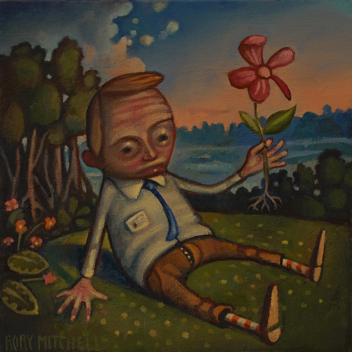 Naive Oil Painting , Love Blossoms From Rock Bottom By Rory Mitchell, 8 X 8, Artwork For Sale On Artfinder