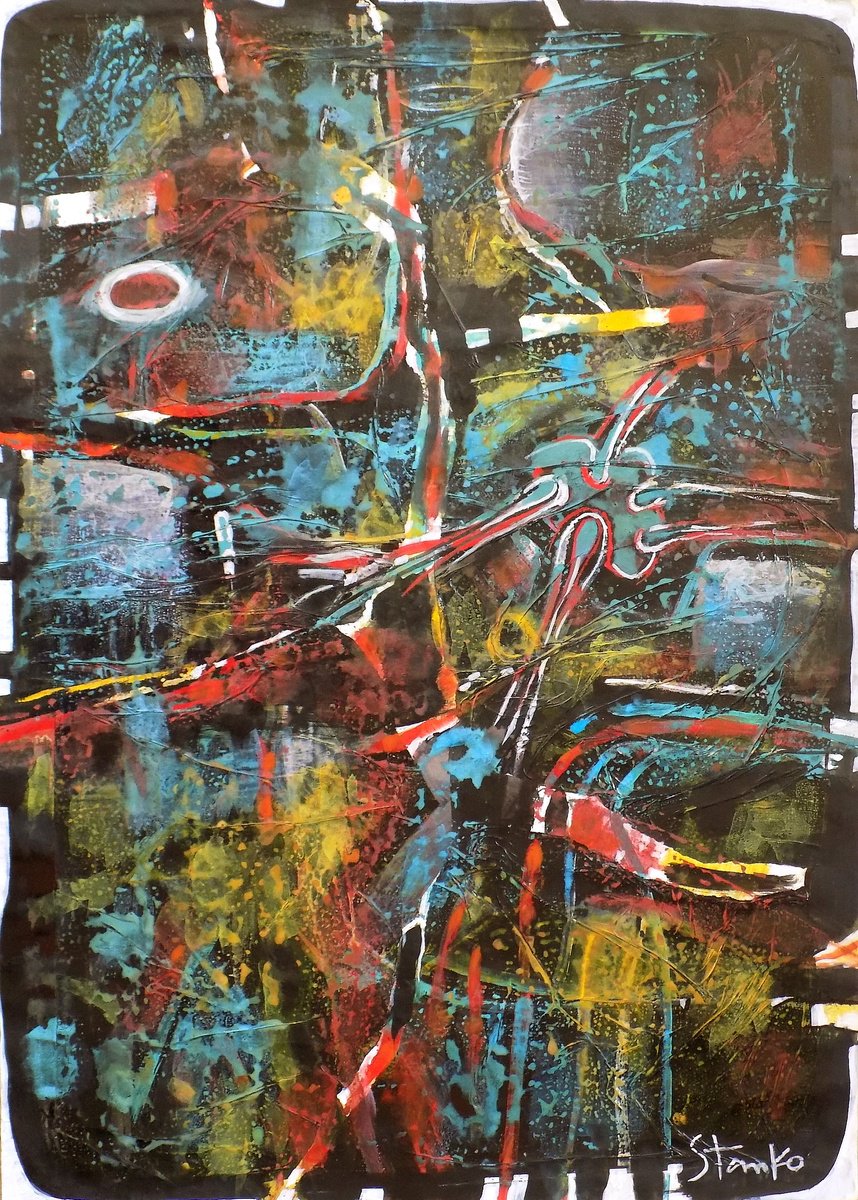 Abstract Acrylic Painting By Stanislav Bojankov, 20 X 28", Man With A Heart-Iv, Original Artwork