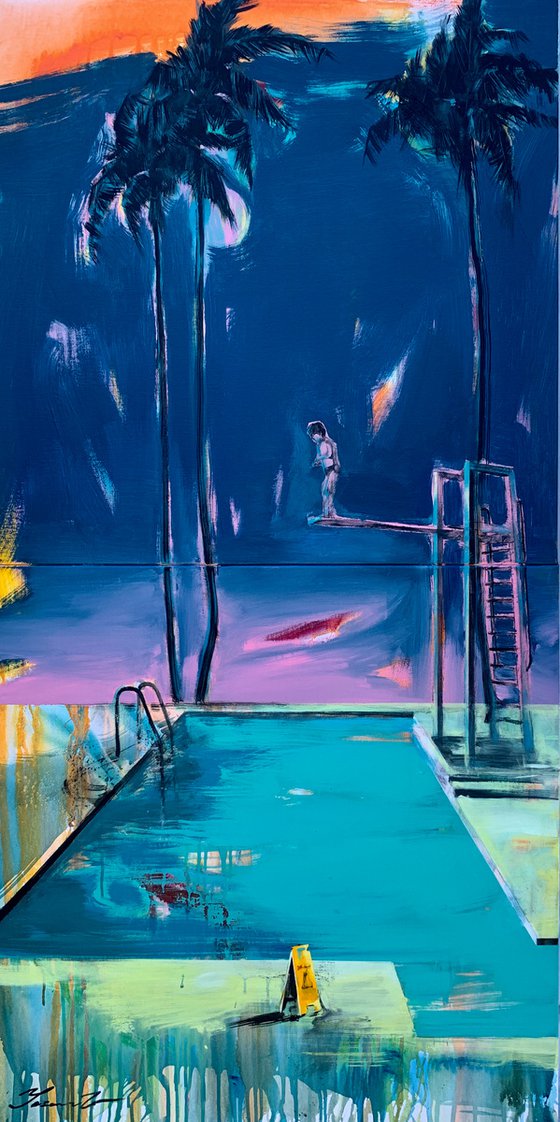 Big vertical painting - "Jump moment" - Pop Art - Palms - Swimming pool - Diptych