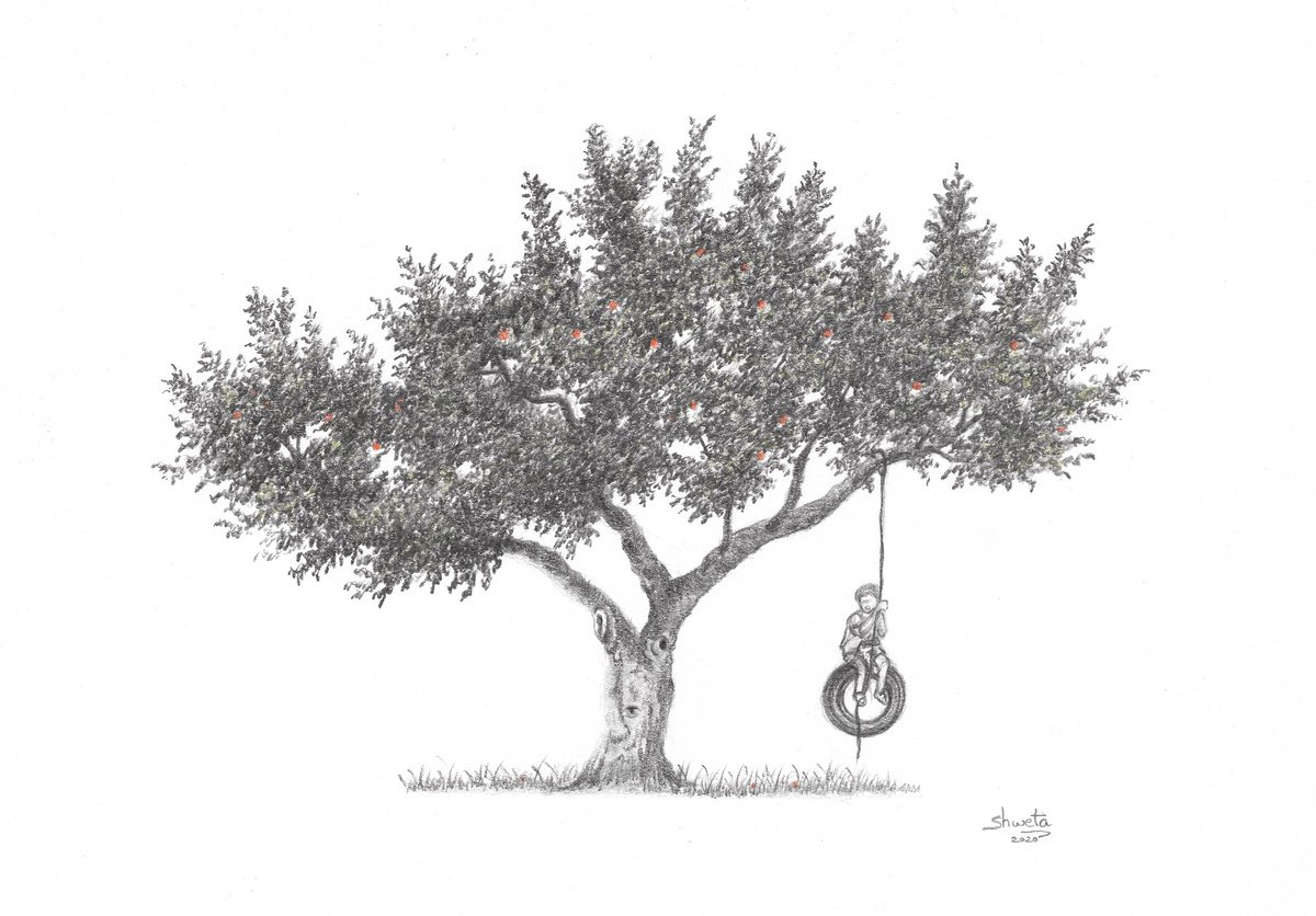 Boy and the apple tree - pencil drawing by Shweta  Mahajan