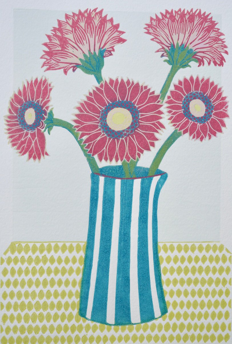 Illustrative Botanical Linocut By Nathalie Pymm Art, 8 X 12", Blue Jug, Original Artwork