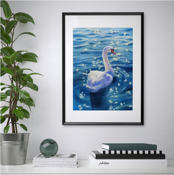 White Swan painting - Swan Lake - Swan watercolor - sunlight glare