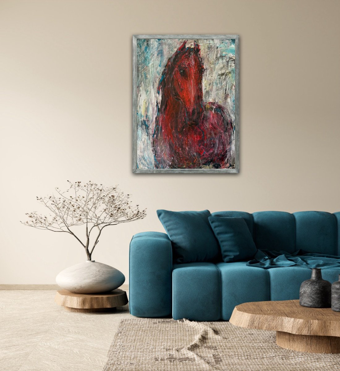 Expressive Animal Acrylic Painting By Liubou Sas, 28 X 35", Red Horse, Original Artwork