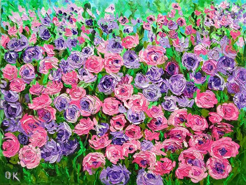 FIELD OF Happyness PURPLE PINK WHITE  ROSES  palette knife modern decor MEADOW OF FlOWERS, LANDSCAPE,  office home decor gift by Olga Koval