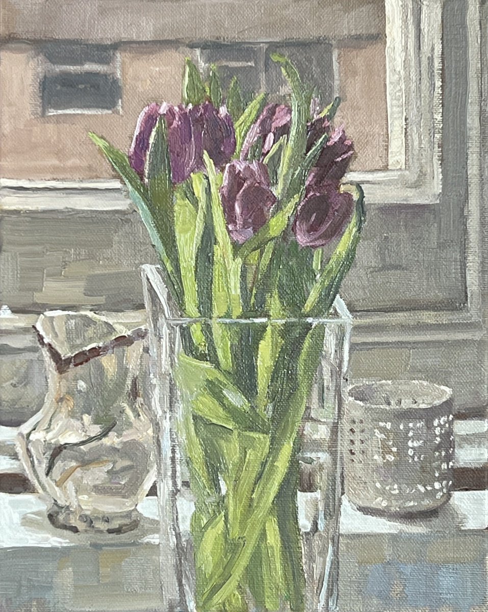 Impressionistic Still Life Oil Painting By Louise Gillard, 8 X 10", Tulips In The Window, Original Artwork